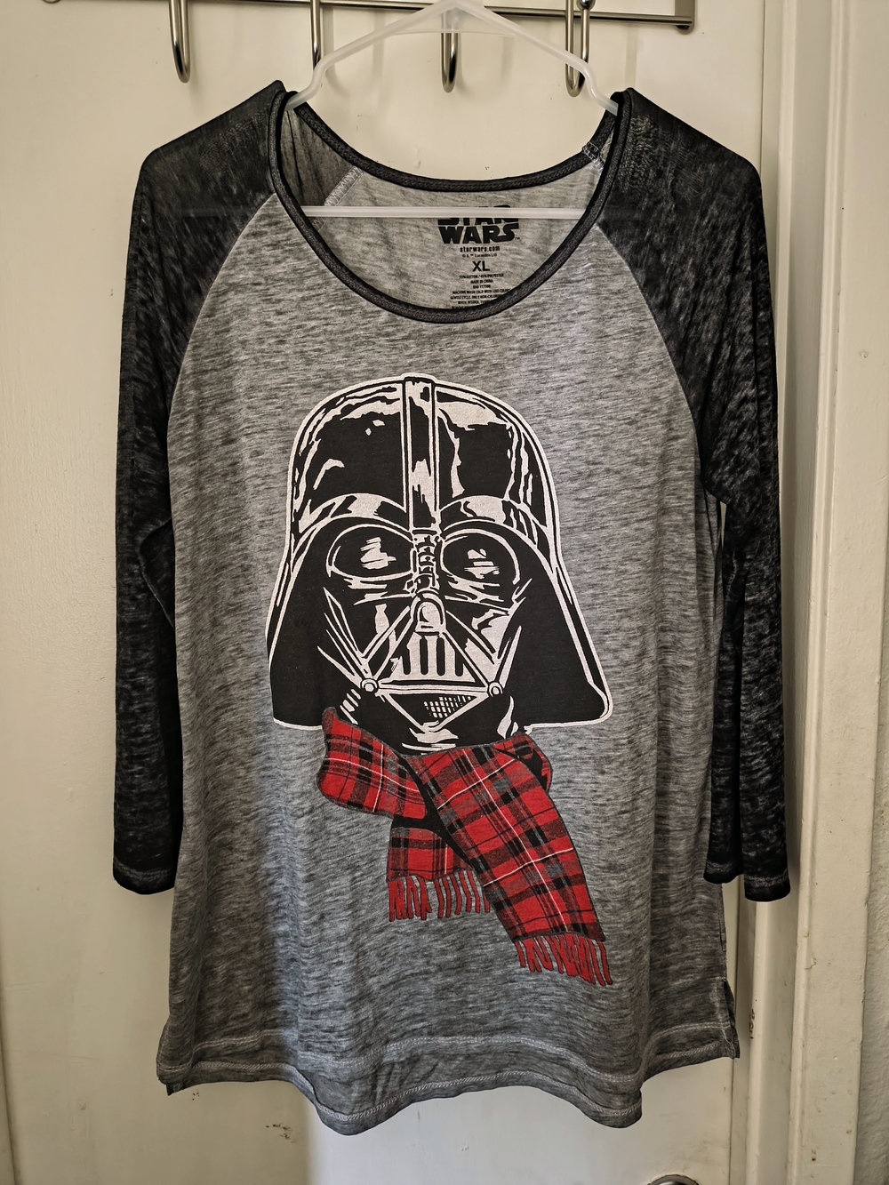 Star Wars Grey and Black Raglan Long Sleeve Tee with Red Plaid Scarf Graphic